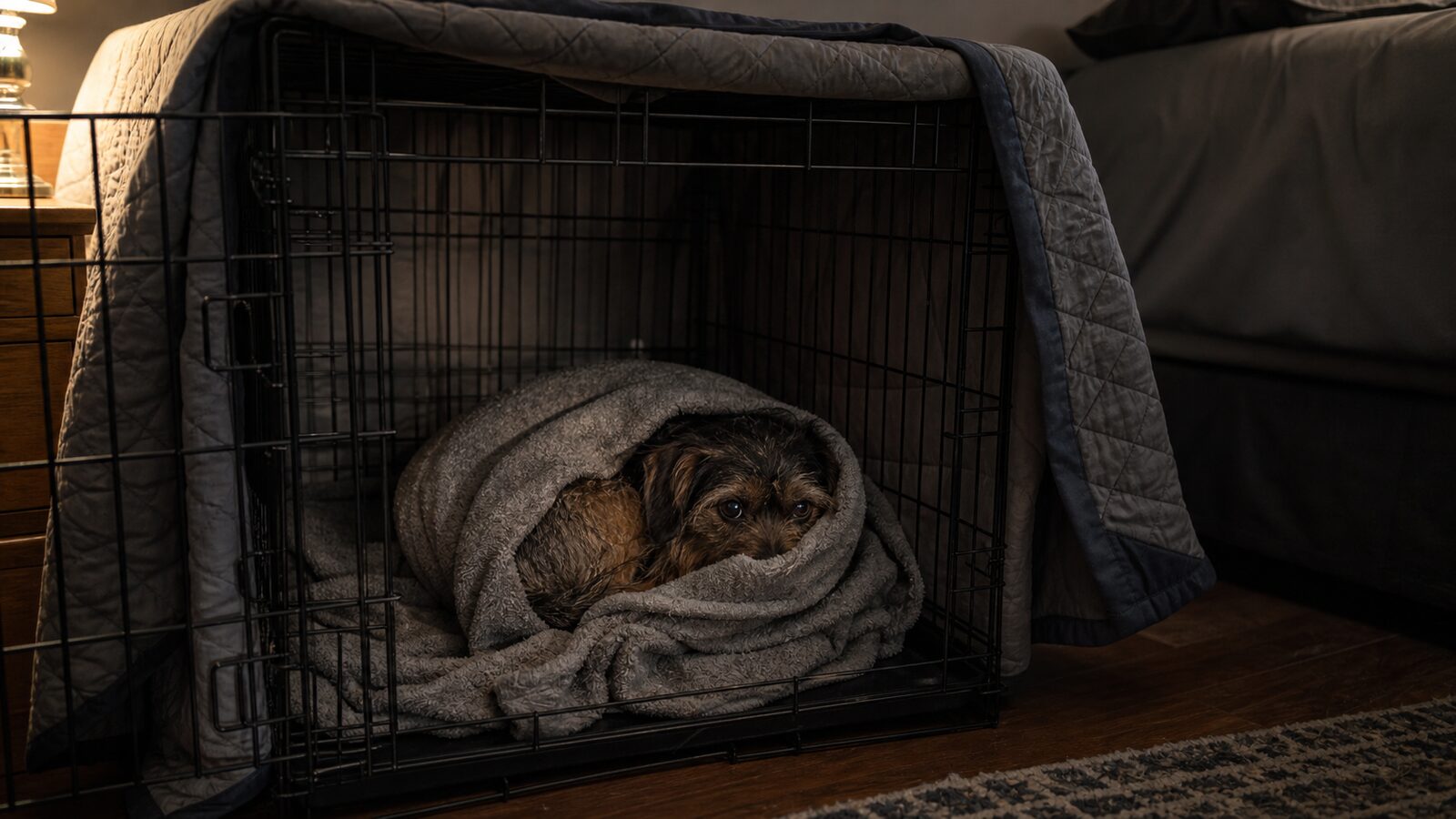 A small dog curled up under a blanket inside a covered crate in a dim, quiet room