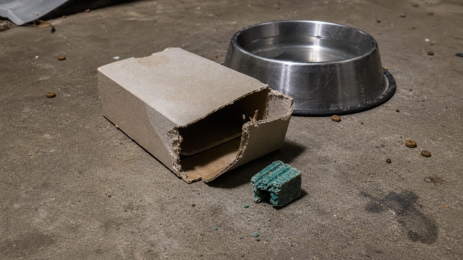 Half-eaten green rat-poison bait block beside a chewed cardboard box near a dog's water bowl on a garage floor