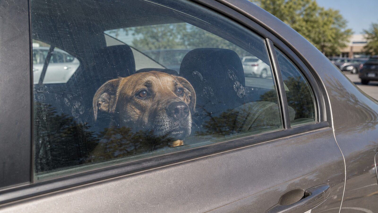 Anxious dog looking out through the rolled-up window of a parked car in a sunny parking lot