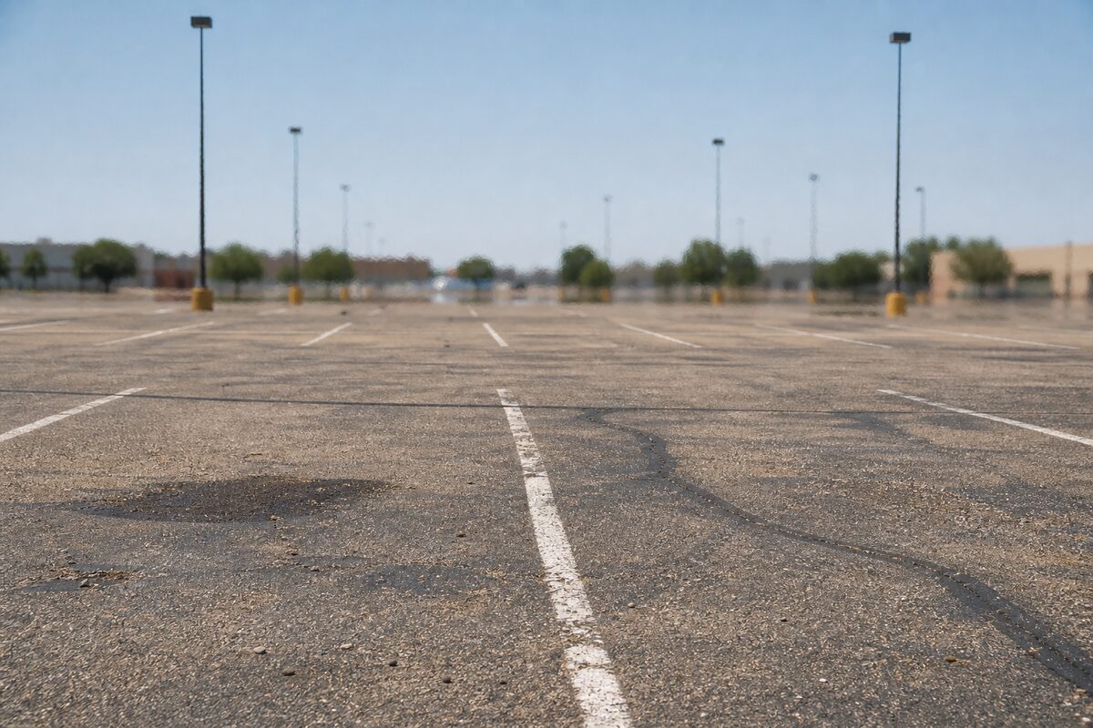 Empty sun-baked asphalt parking lot shimmering with heat at midday