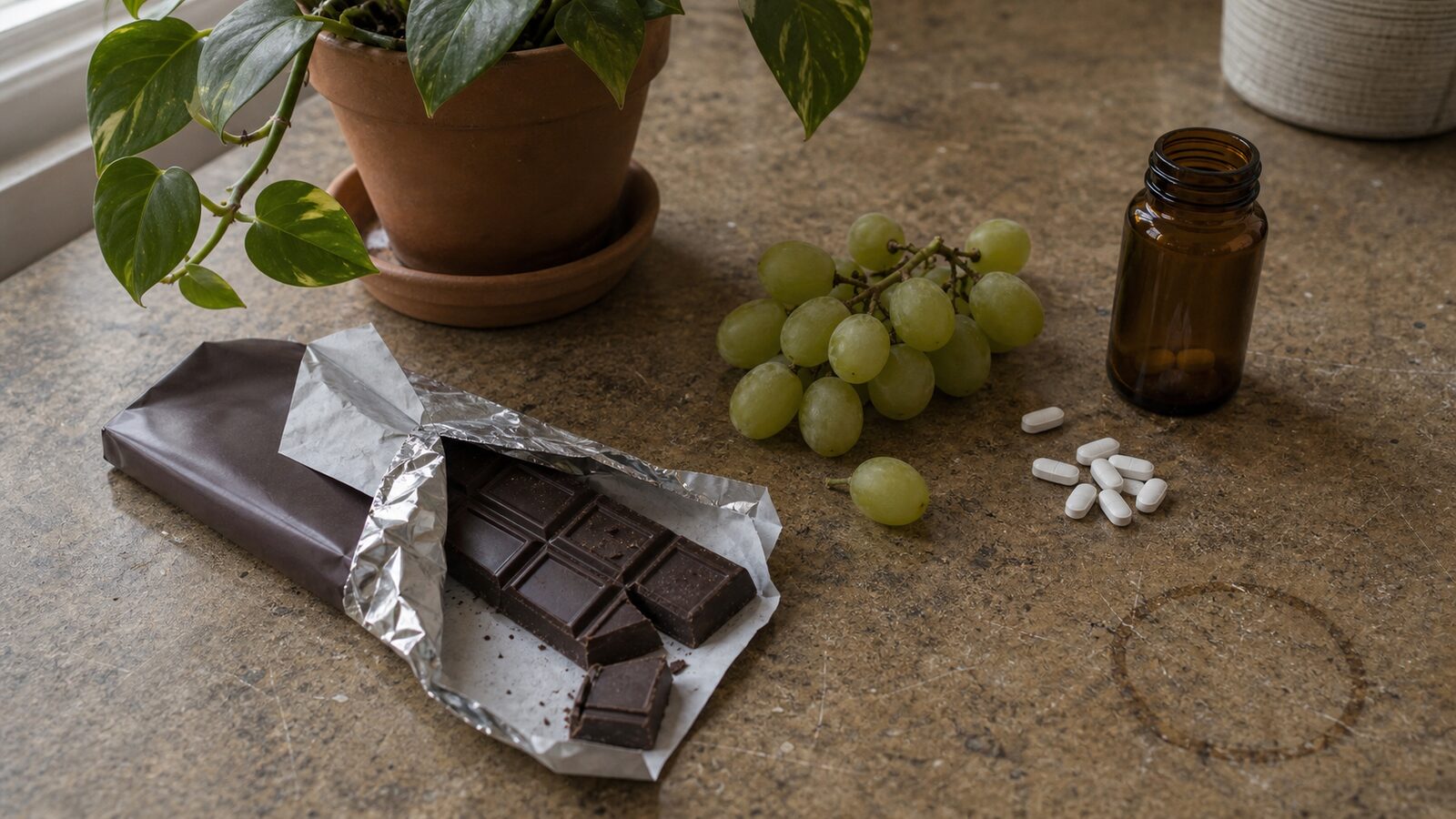 Common household dog poisons grouped on a kitchen counter, including a chocolate bar, a cluster of grapes, a medicine bottle, and a small houseplant