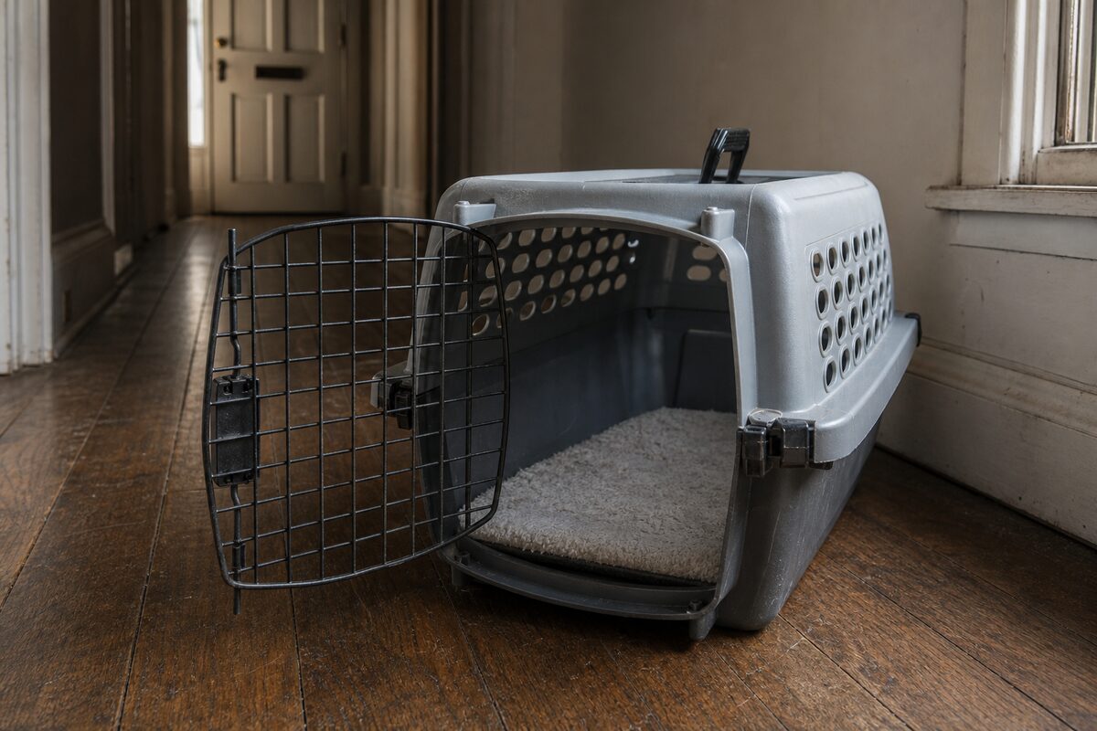 An empty plastic cat carrier with the door open, staged in a hallway near the front door