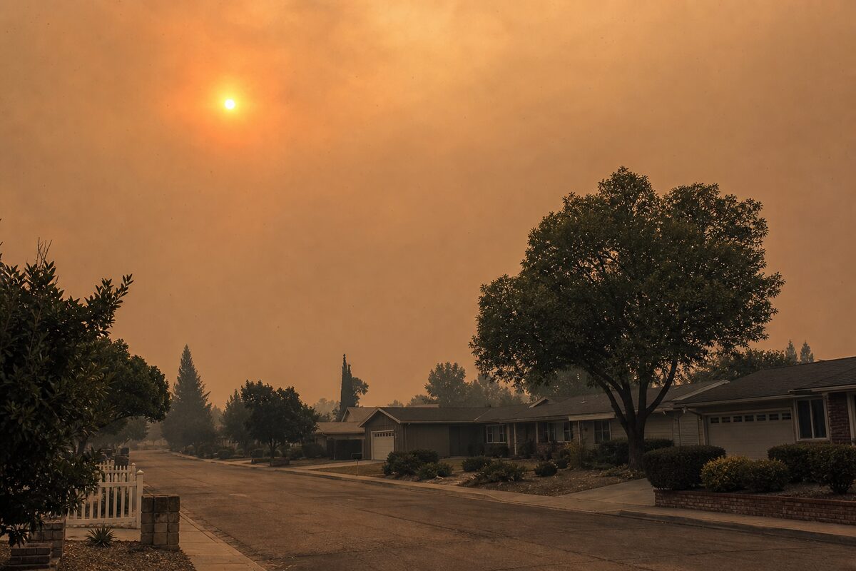 An orange wildfire sky over a quiet suburban street, smoke haze above the rooftops