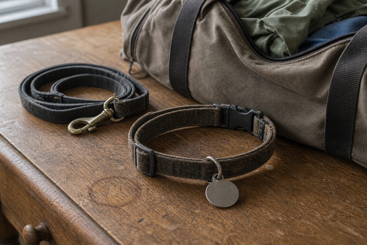 A collar with an ID tag and a leash resting on a side table next to a packed bag