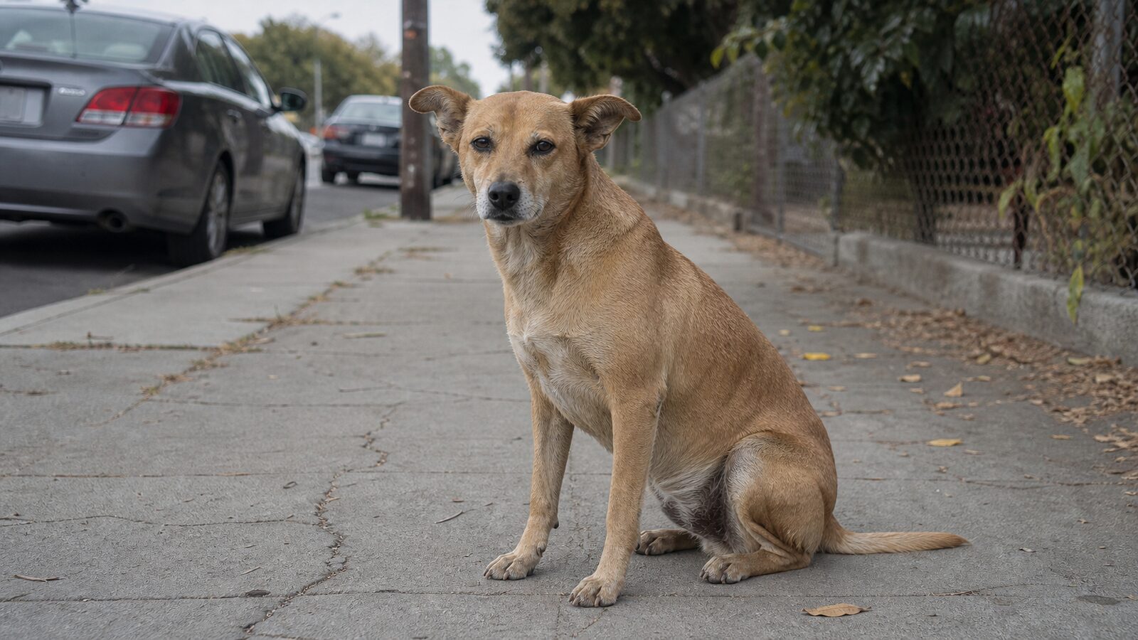 A stray dog with no collar sitting alone on a suburban sidewalk looking toward the camera