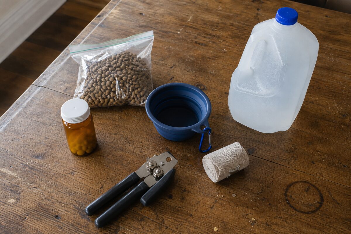 Pet emergency kit supplies laid out on a kitchen table, including water, food, and medication