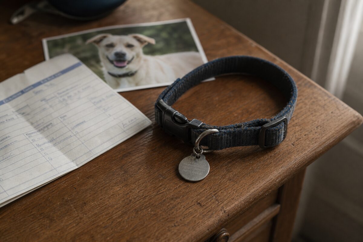 Worn pet ID tag, collar, and vaccination record on a side table