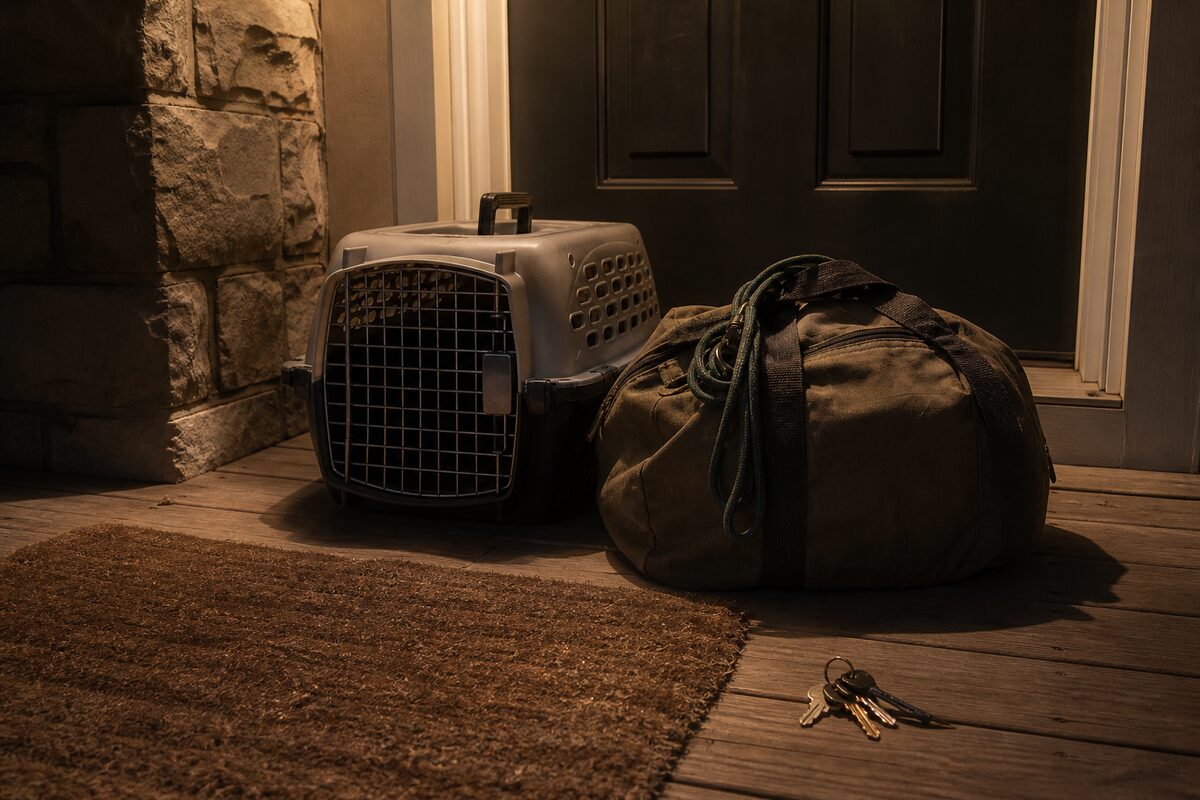 Pet carrier and emergency bag staged at the front door for a fast evacuation