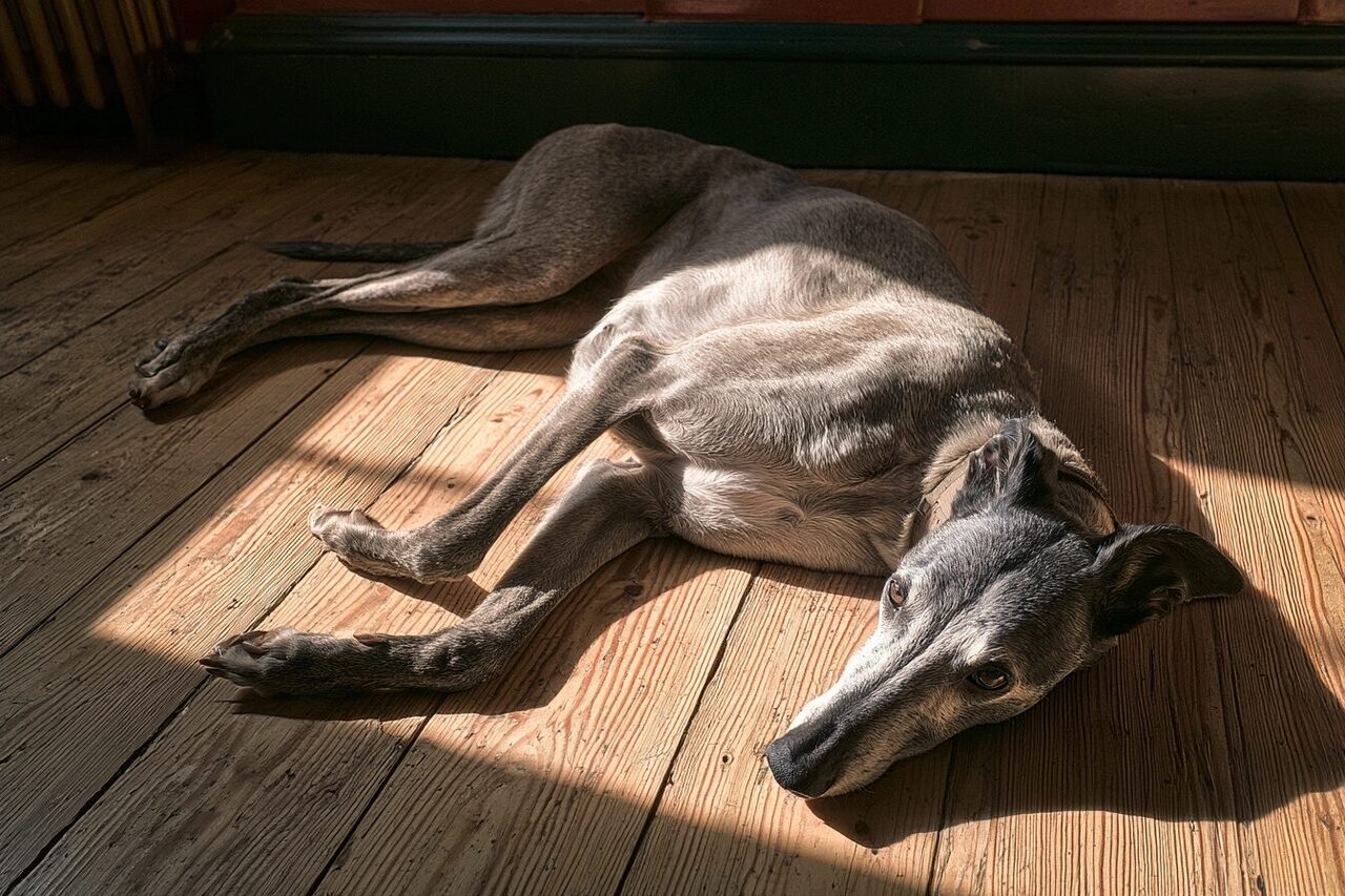Greyhound lying on its side on a wood floor showing the widest part of the rib cage behind the front leg