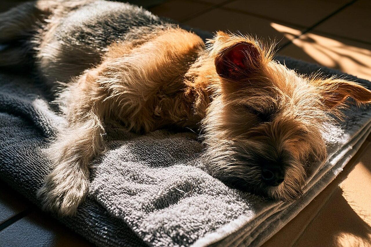 Small terrier lying on a folded towel on a tile floor, chest in profile, soft window light