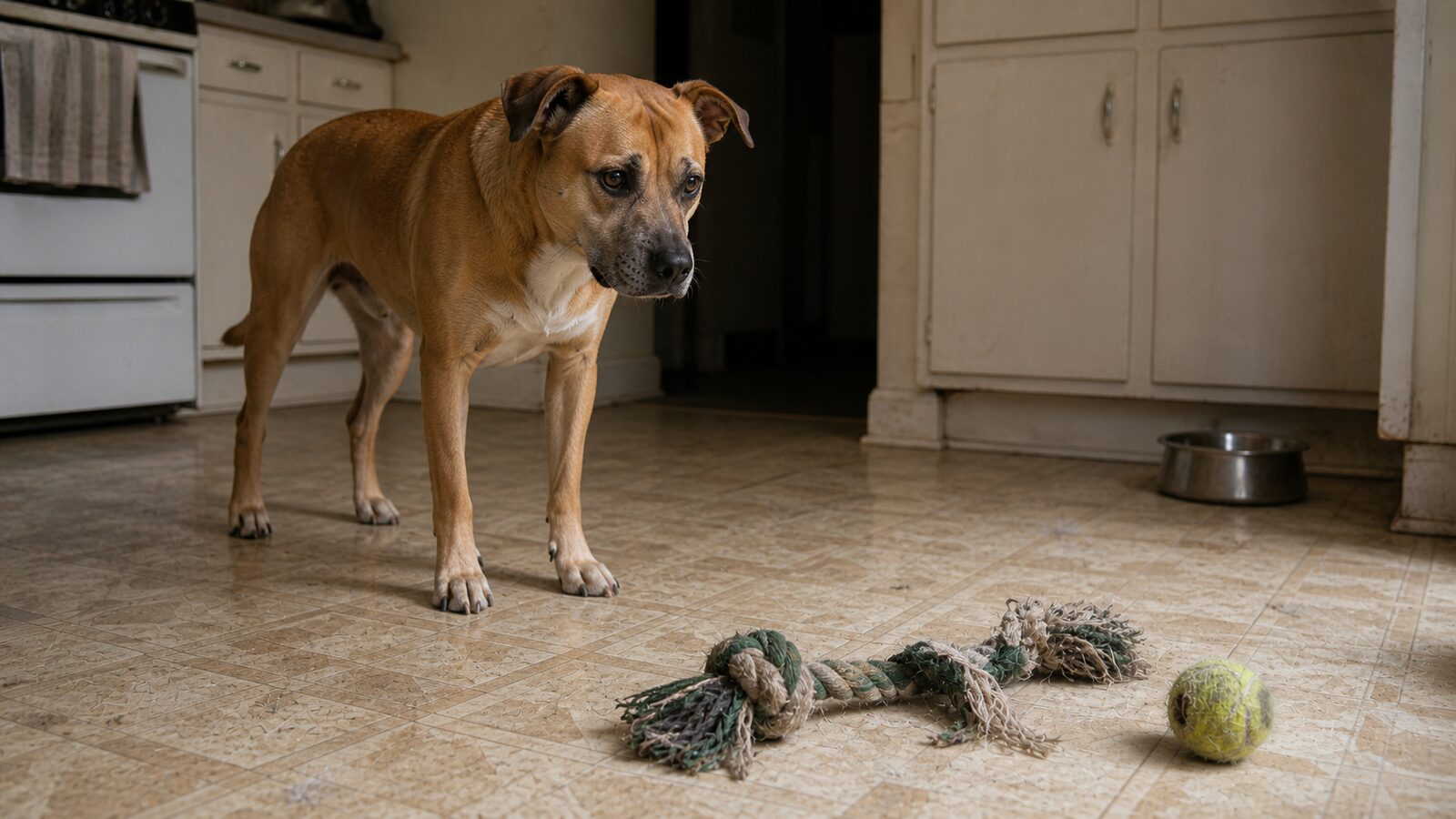 Large dog standing alert on a kitchen floor next to a scattered rope toy and a chewed ball