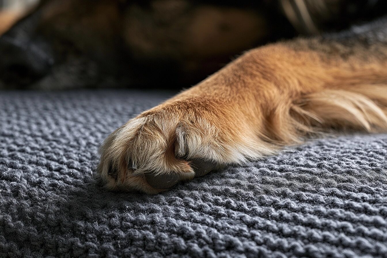 Close-up of a dog's paw resting on a soft blanket, nails visible, no person present