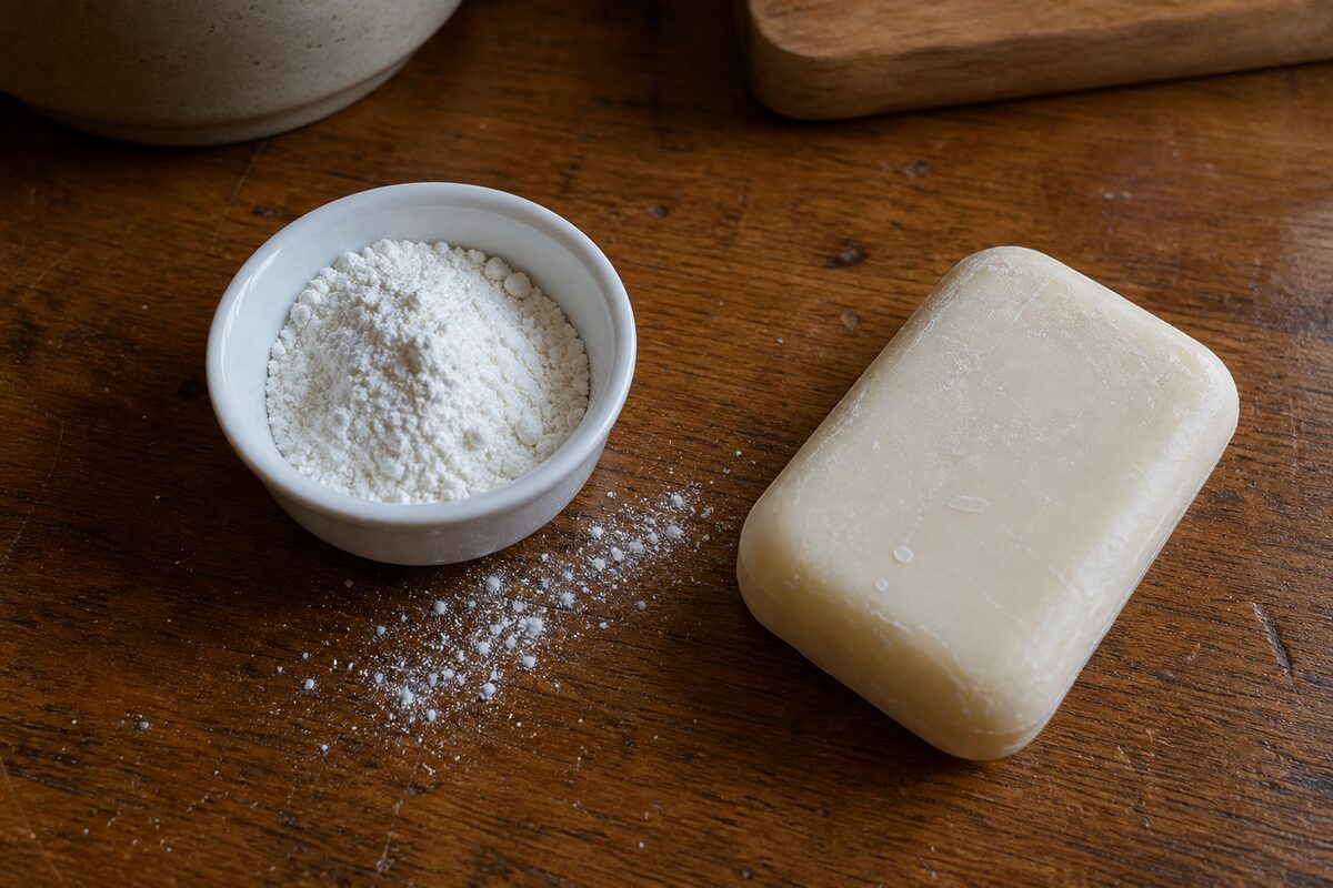 Small dish of cornstarch next to a bar of soap on a kitchen counter for an emergency nail fix