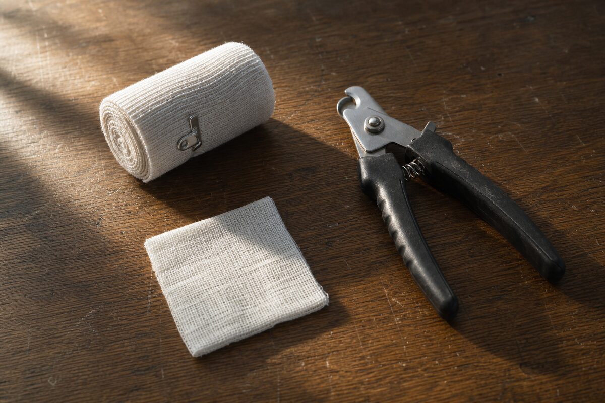 Roll of gauze and a square pad laid out on a wood table beside a dog nail trimmer
