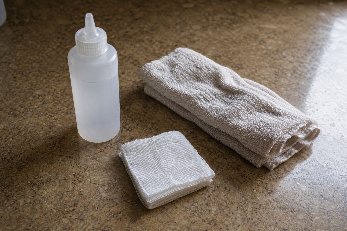 Saline rinse and gauze laid out on a kitchen counter for cleaning a dog wound