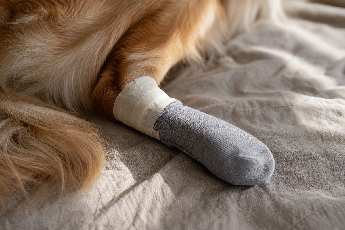 A dog's torn paw pad protected with a clean sock taped at the ankle
