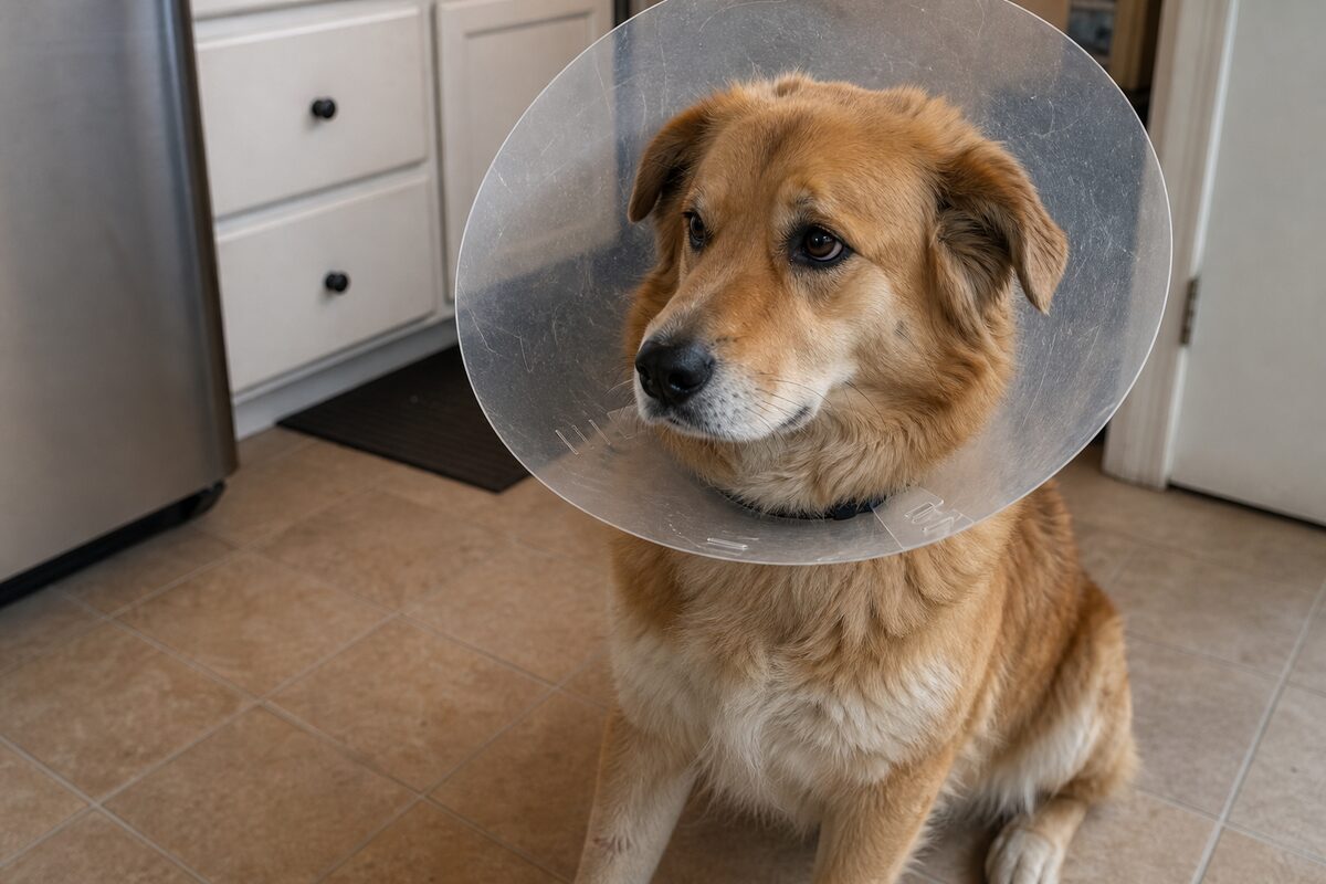 A dog wearing a plastic cone collar to stop it licking a healing wound