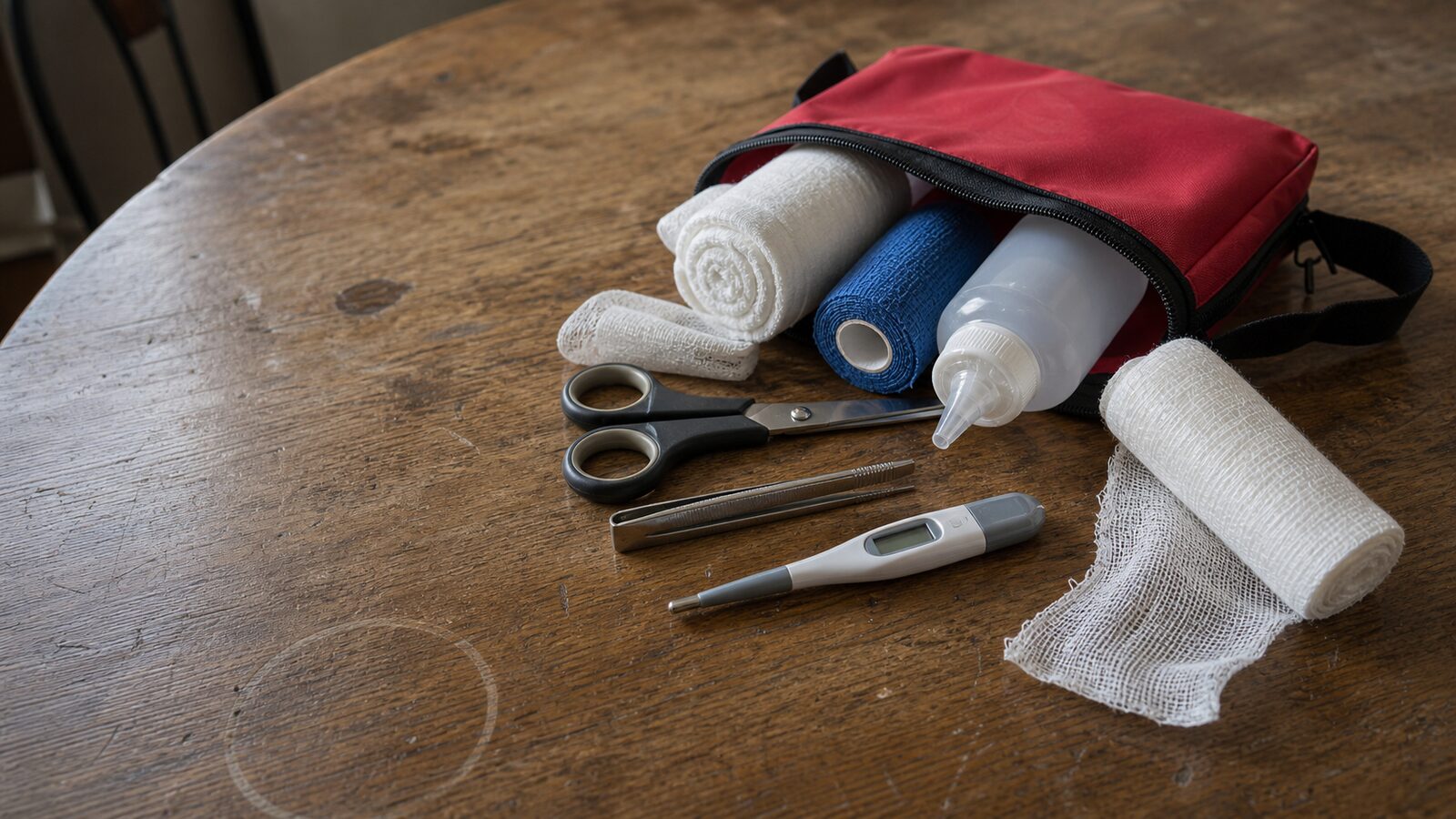 Open pet first aid kit with gauze, vet wrap, and a thermometer laid out on a wooden table