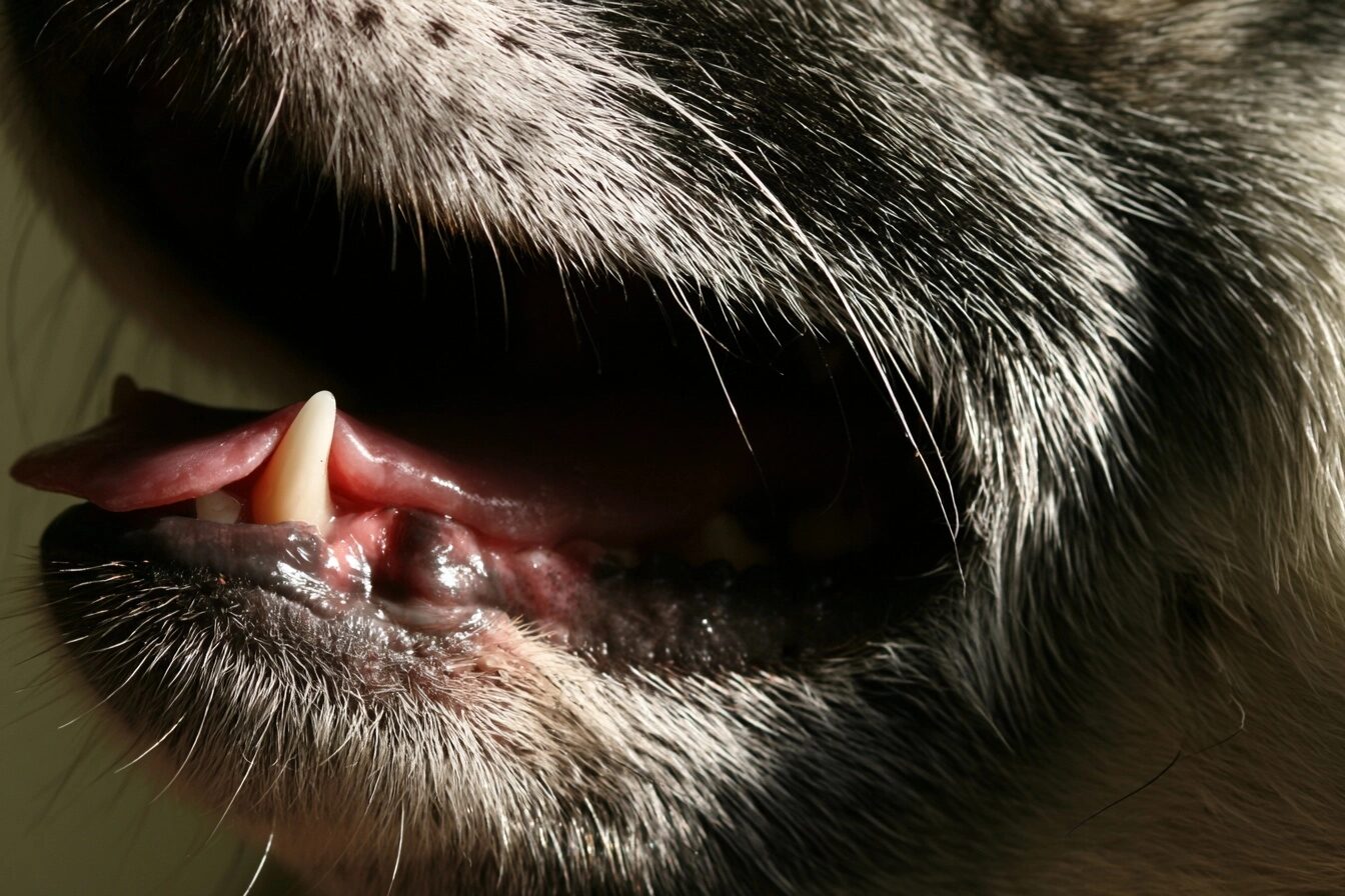 A dog's lifted lip showing pink gums, close documentary shot for a capillary refill check
