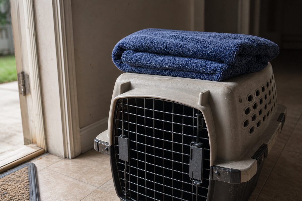 A folded bath towel and pet carrier staged by a back door for a fast vet trip