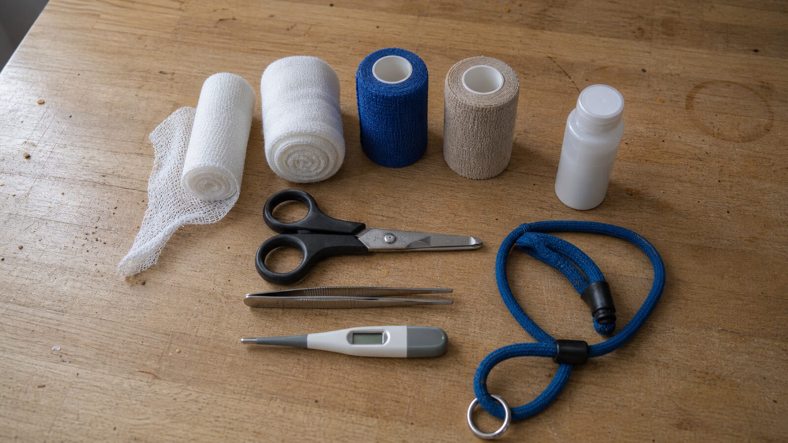 Pet first aid supplies laid out in rows on a wooden counter, including gauze, vet wrap, styptic powder, and a thermometer