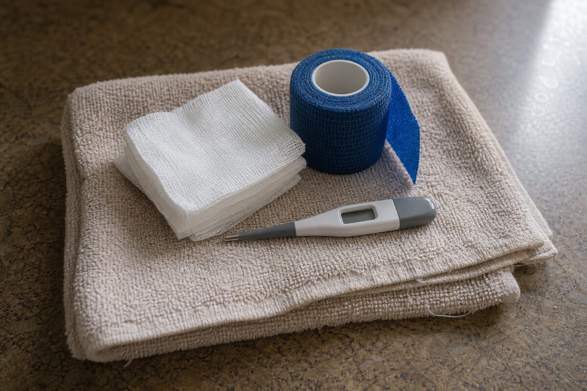 Gauze pads, a roll of vet wrap, and a digital thermometer arranged on a folded towel