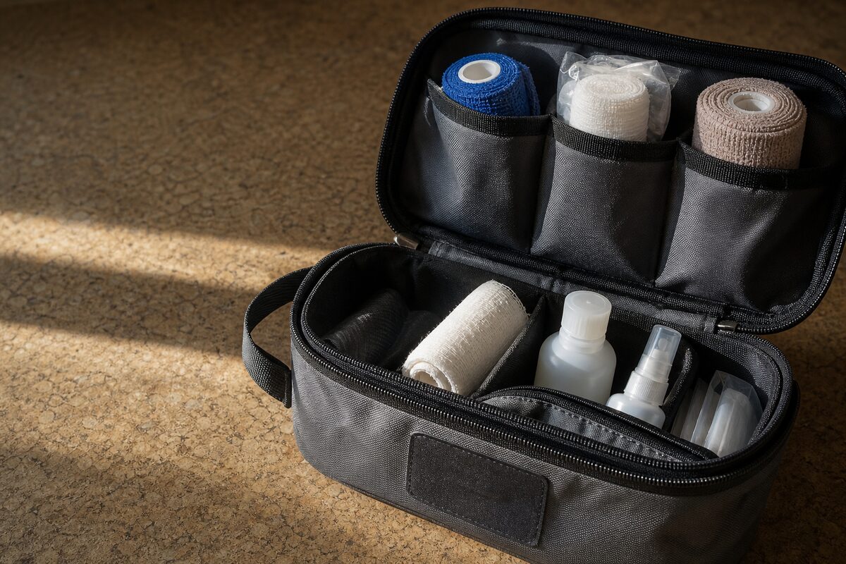 A labeled pet first aid kit bag open on a kitchen counter with supplies visible inside