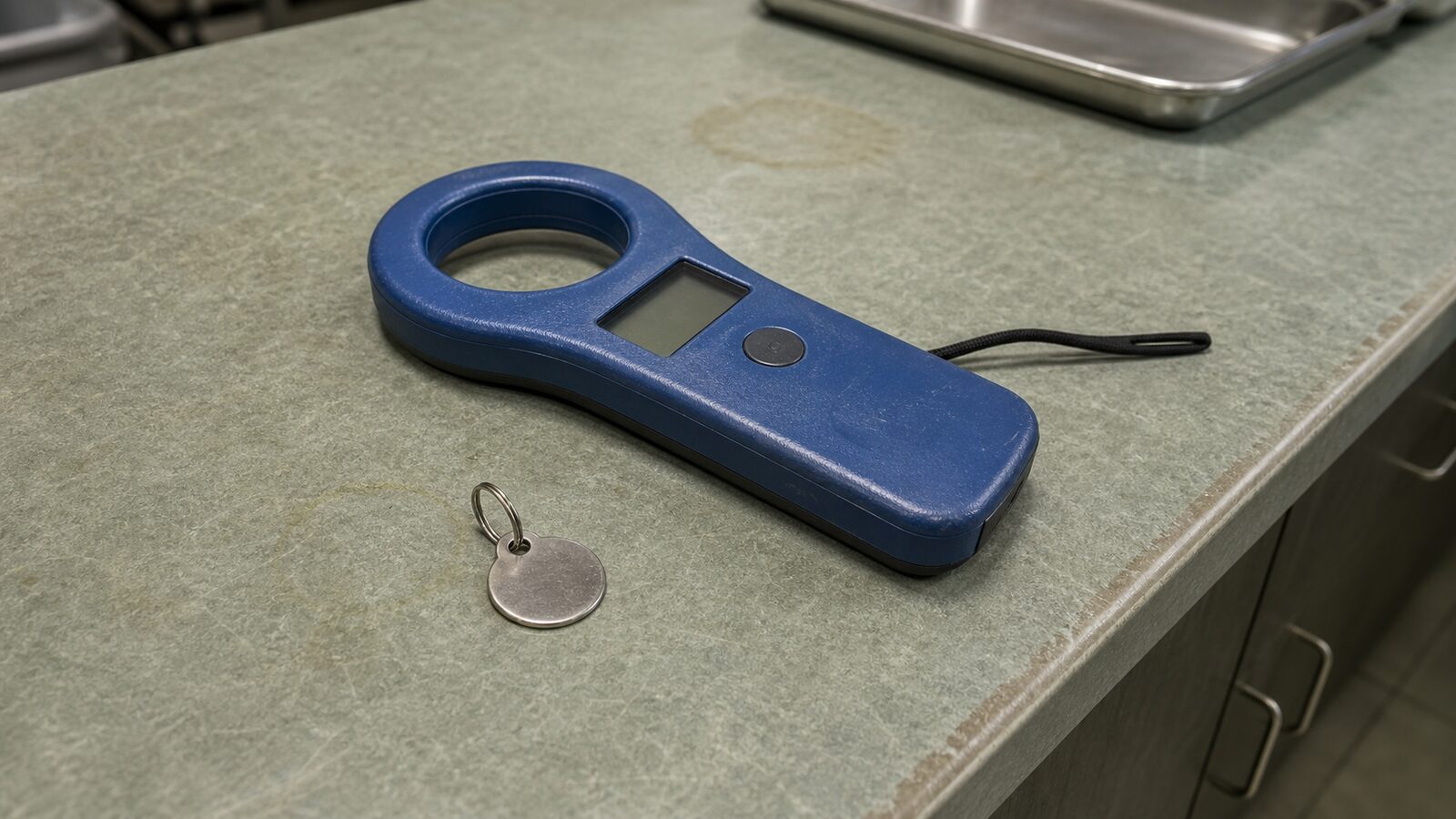 Handheld microchip scanner resting on a vet clinic counter beside a metal dog ID tag