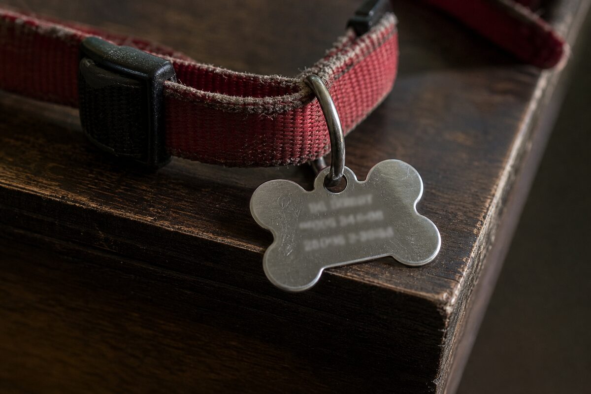 Close-up of an engraved metal pet ID tag hanging from a worn nylon collar