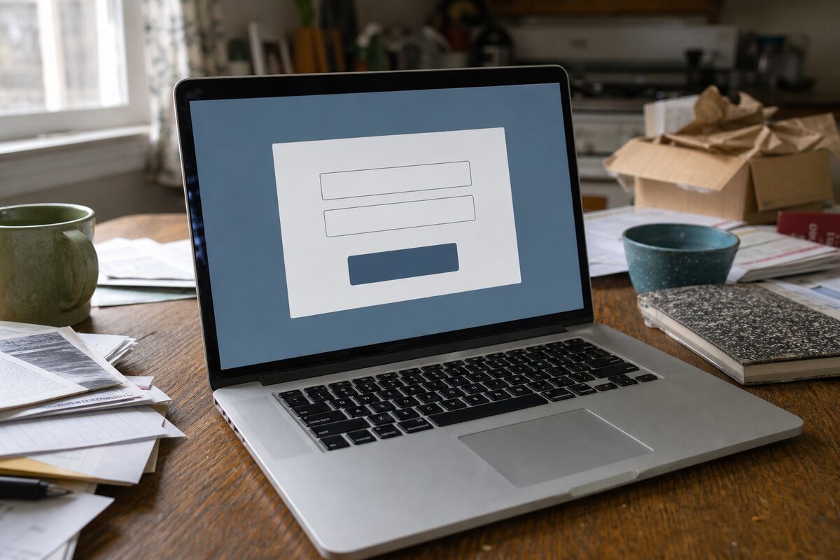 Laptop open on a kitchen table showing a generic pet-registry login screen