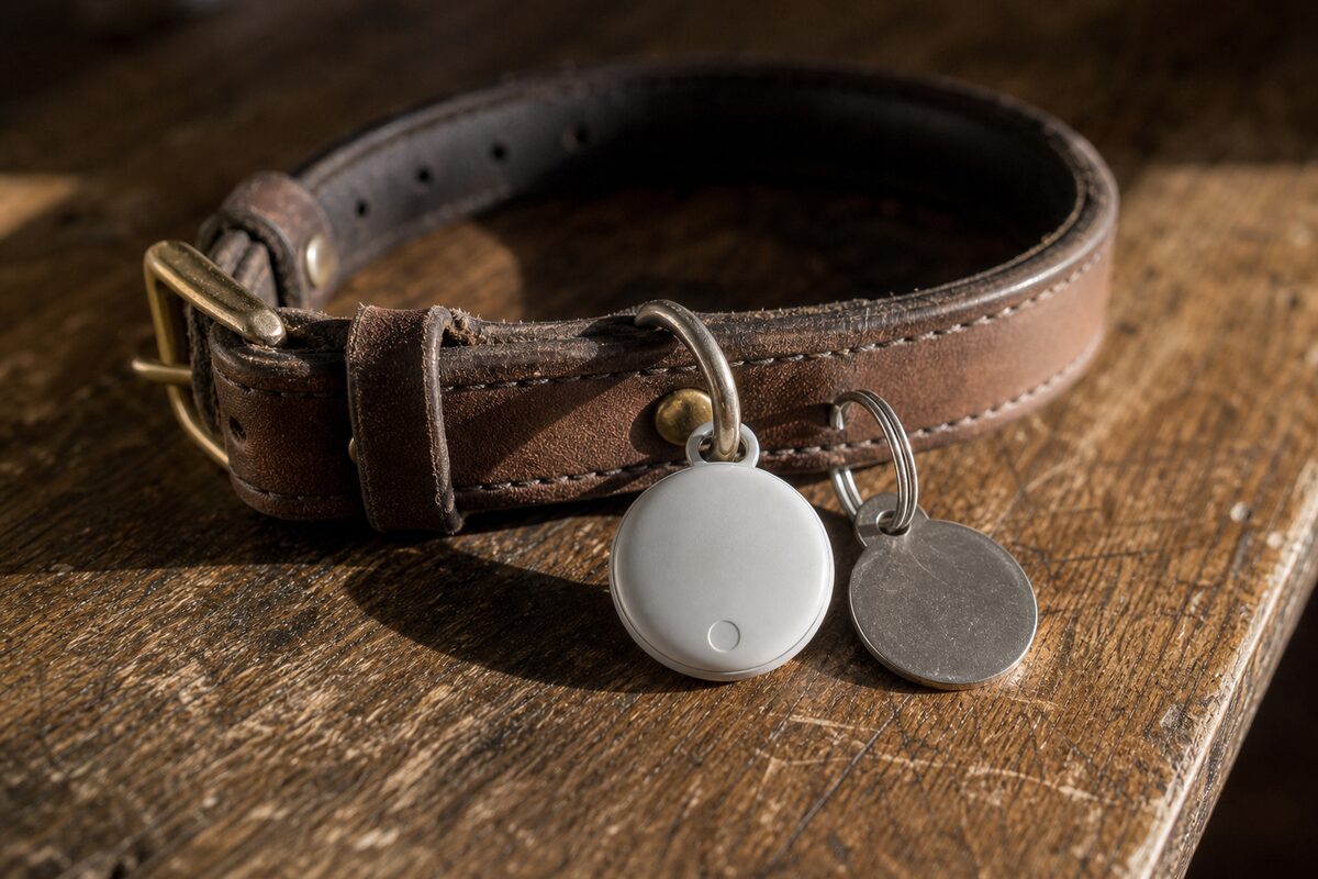 Apple AirTag and a metal dog tag clipped together on a leather collar on a wood table
